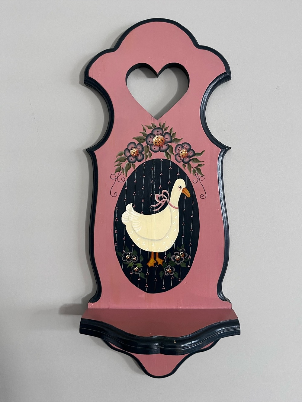 Vintage Handmade 80s Wooden Heart Wall Shelf - Hand Painted Goose Folk Art